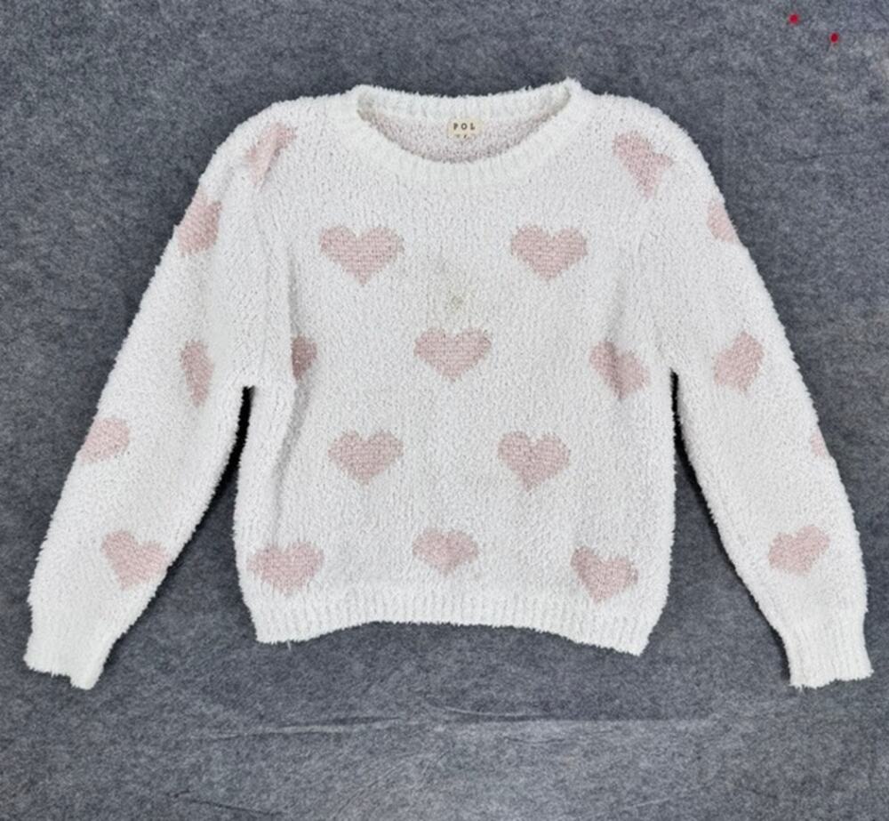 POL Heart Sweater Fuzzy Soft Size Large Pink and White